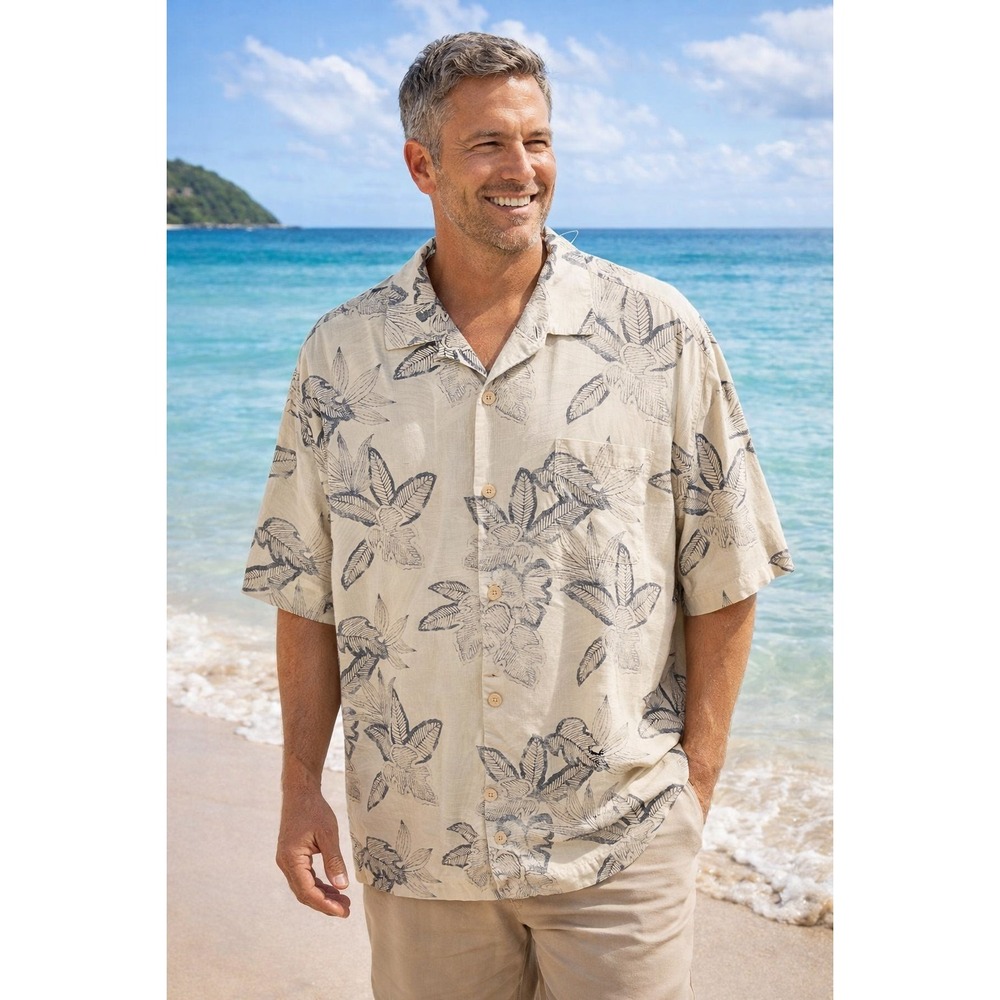 TOMMY BAHAMA Men's XL Silk Beige Palm Leaves Tropical Shirt -1702